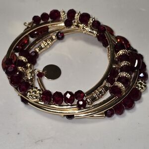 Vintage Red Faceted Beaded Gold Tone Coil Bracelet